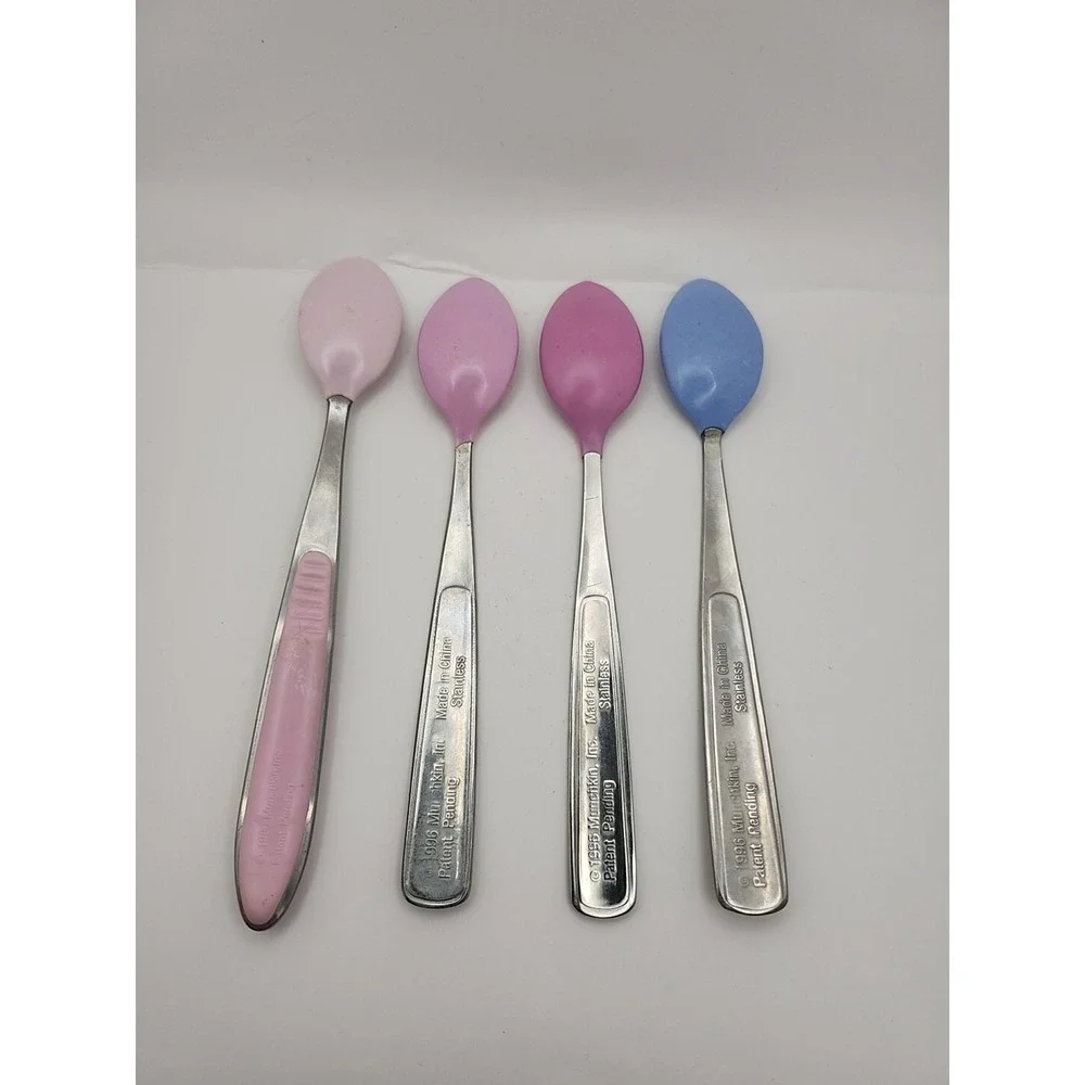 4 VTG Munchkin Baby Spoon Rubber 1996 90s Stainless Steel Pink Blue‎ Tip Infant